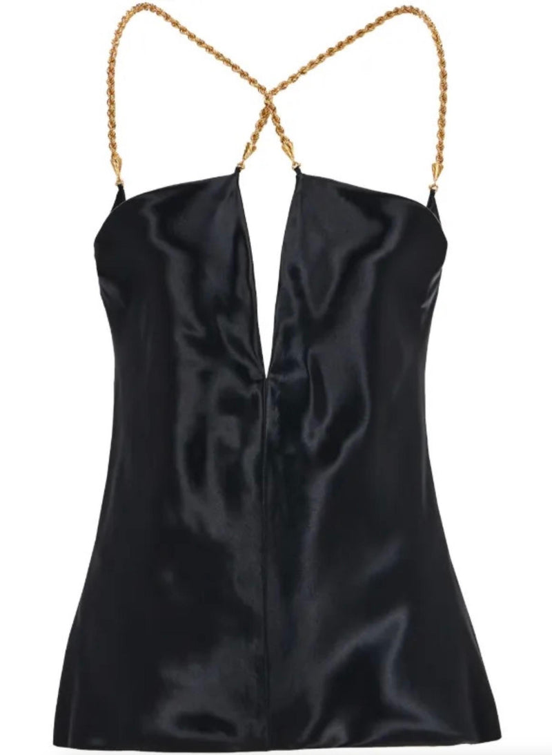 Ferragamo Black Twisted-Strap Satin Top.
