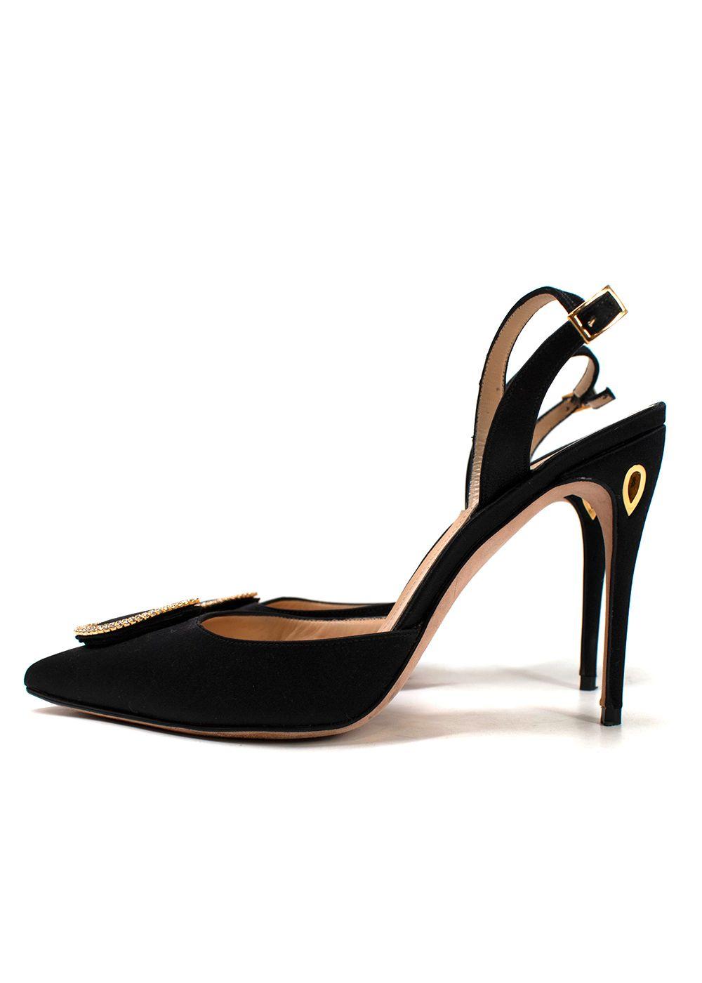 Jennifer Chamandi Black Satin Crystal Buckle Slingback Pumps