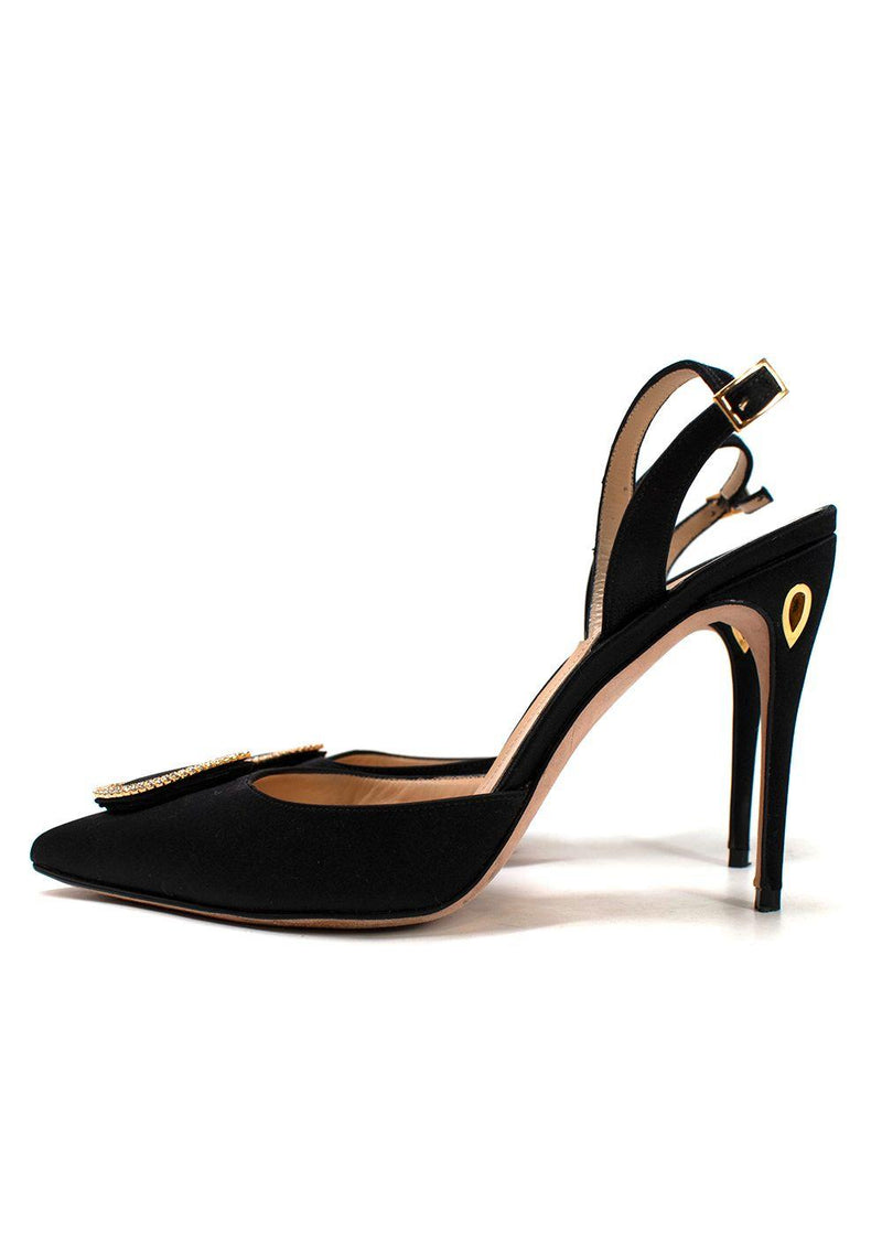 Jennifer Chamandi Black Satin Crystal Buckle Slingback Pumps