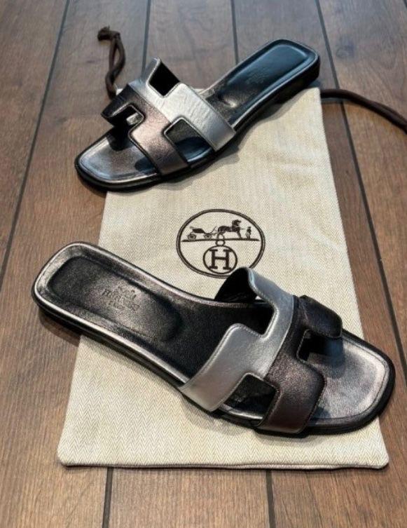 Hermes Black Leather Oran Sandals
