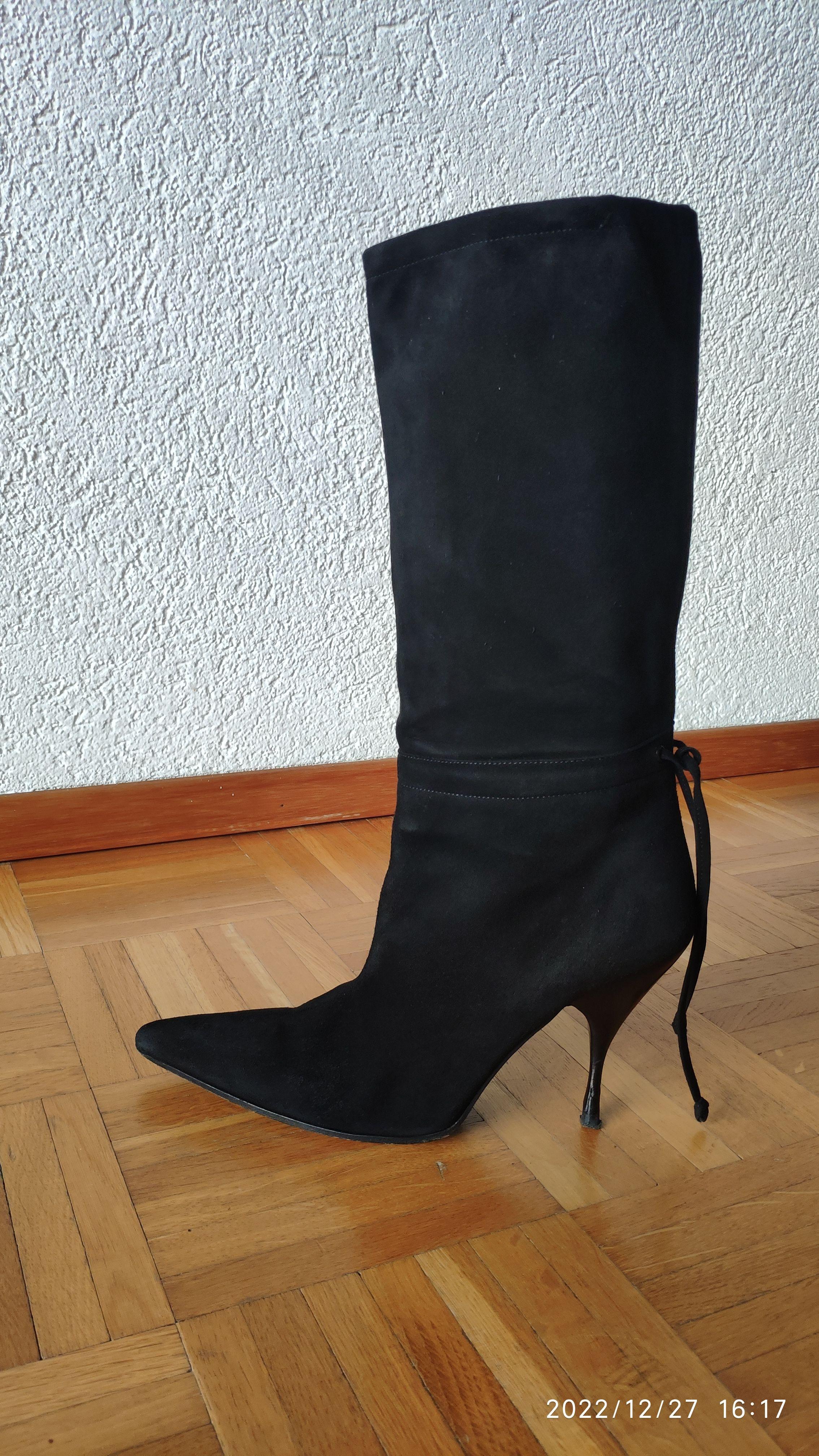 Black Suede Ankle Tie Tall Boots
