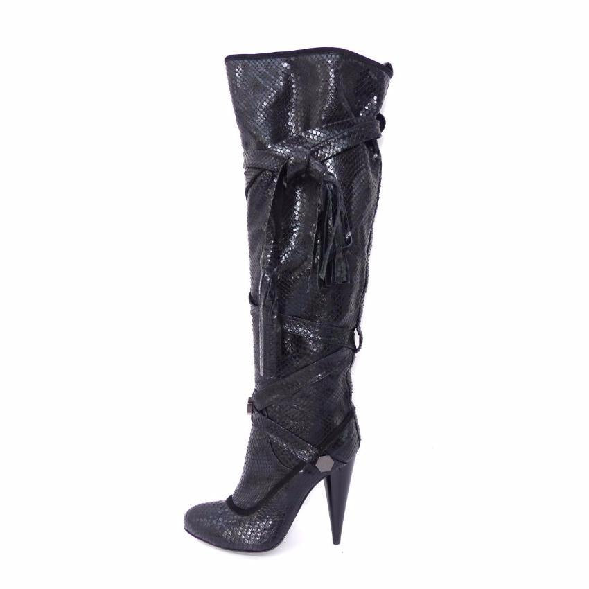 GALLIANO Black Python Leather Thigh High Boots