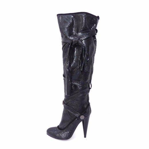 GALLIANO Black Python Leather Thigh High Boots