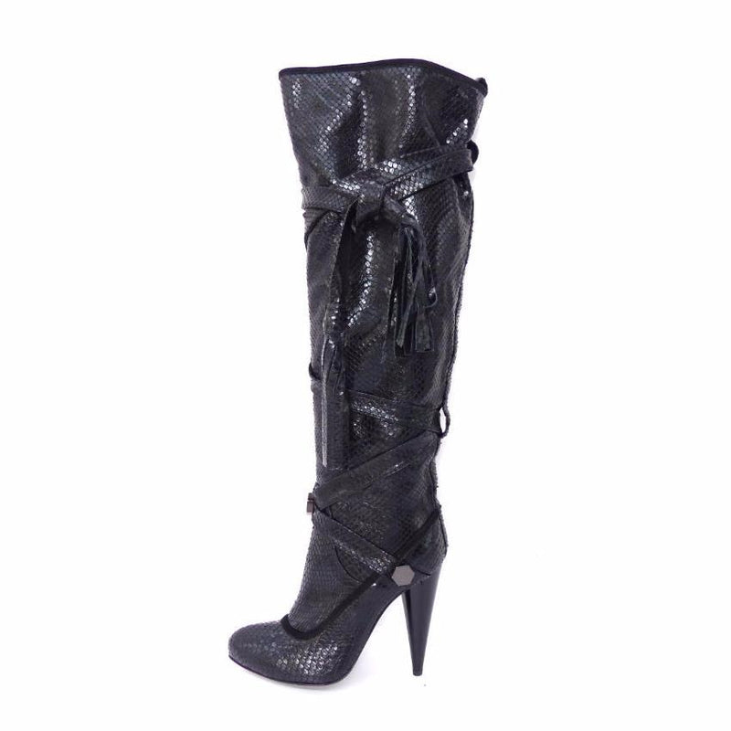 GALLIANO Black Python Leather Thigh High Boots