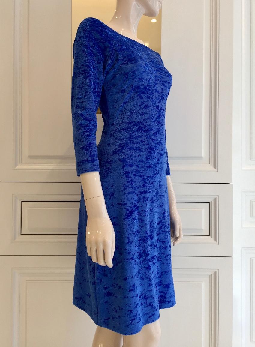 French Couture Electric Blue Panne Velvet V Back Dress
