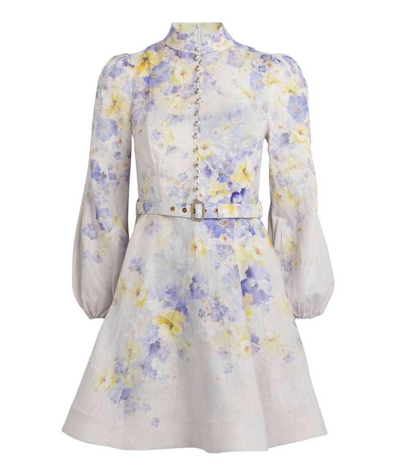 Zimmermann Crush Floral-Print Belted Linen Mini Dress