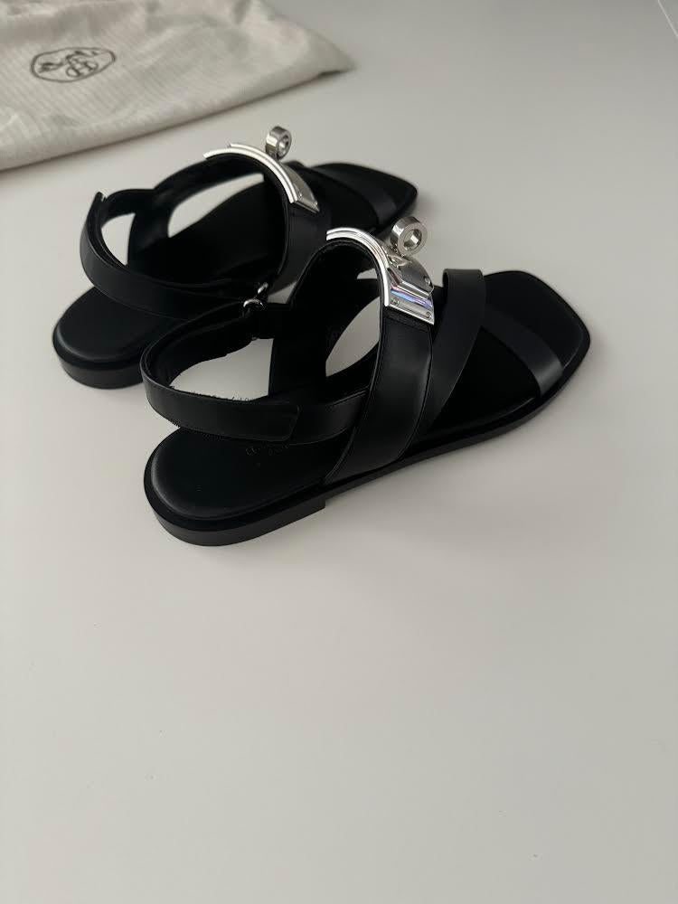 Hermes Black Leather Ines Sandals