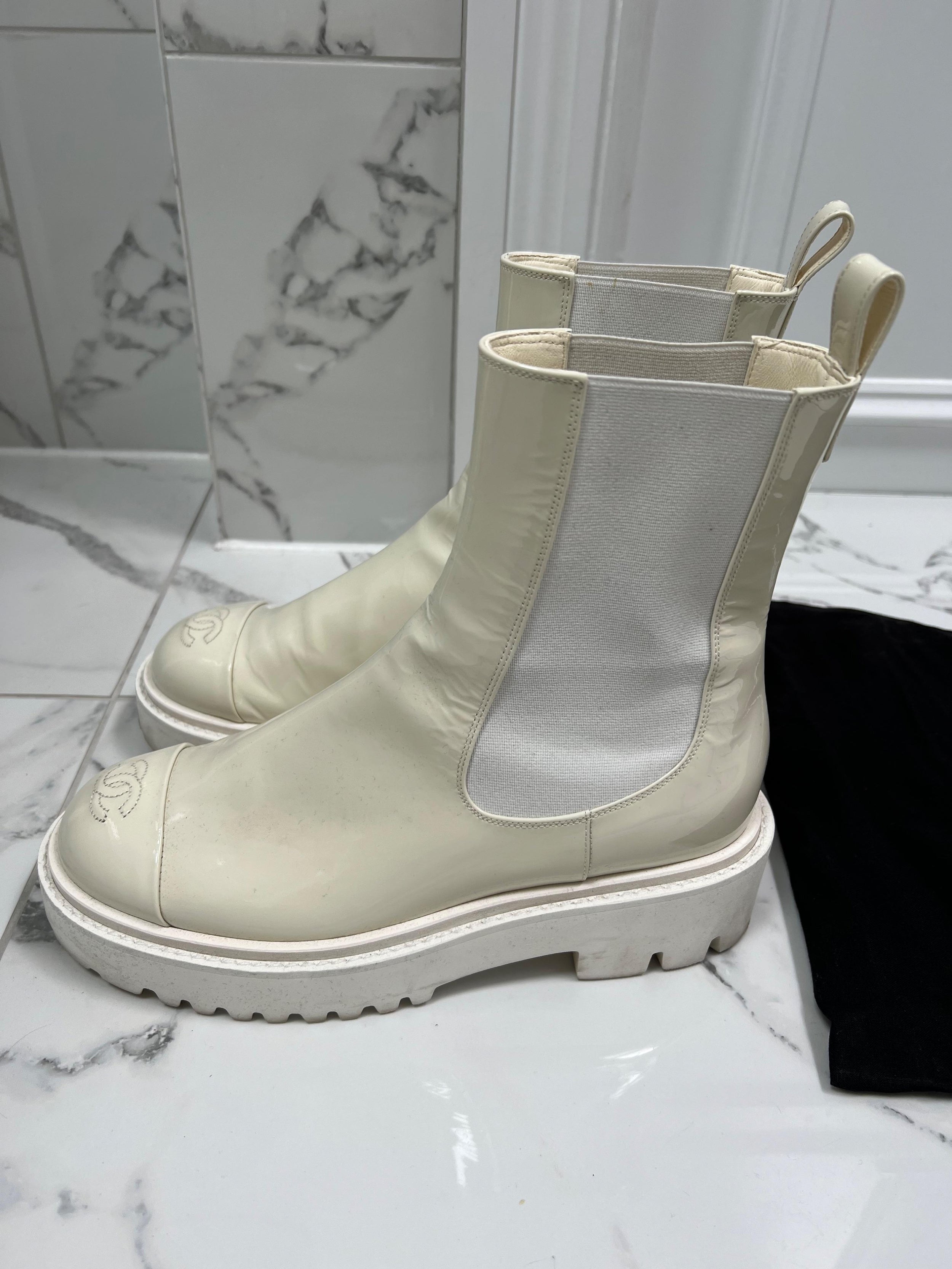 White Patent Leather CC Chunky Boots