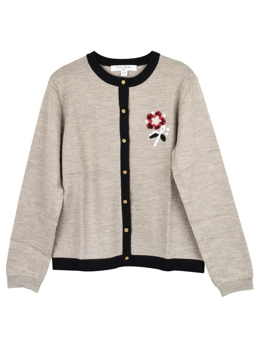 Brooks Brothers Girls Embroidered Oat/Black Merino Wool Cardigan