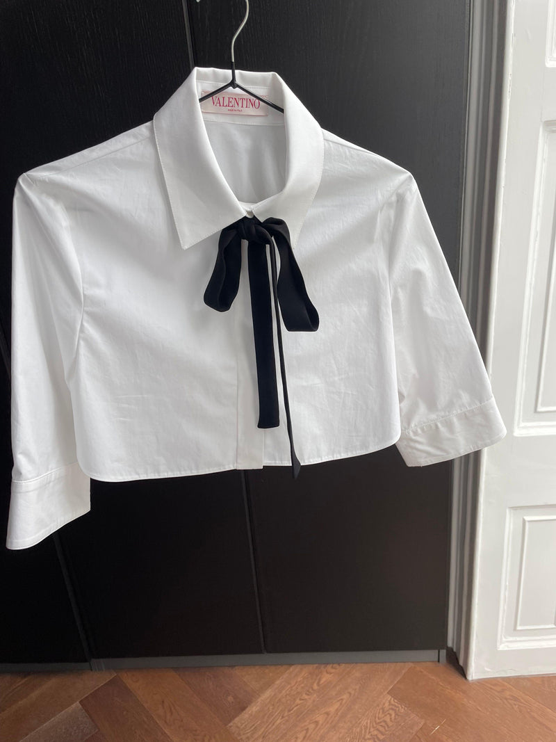 Valentino White Cropped Blouse with Velvet Bow Detail