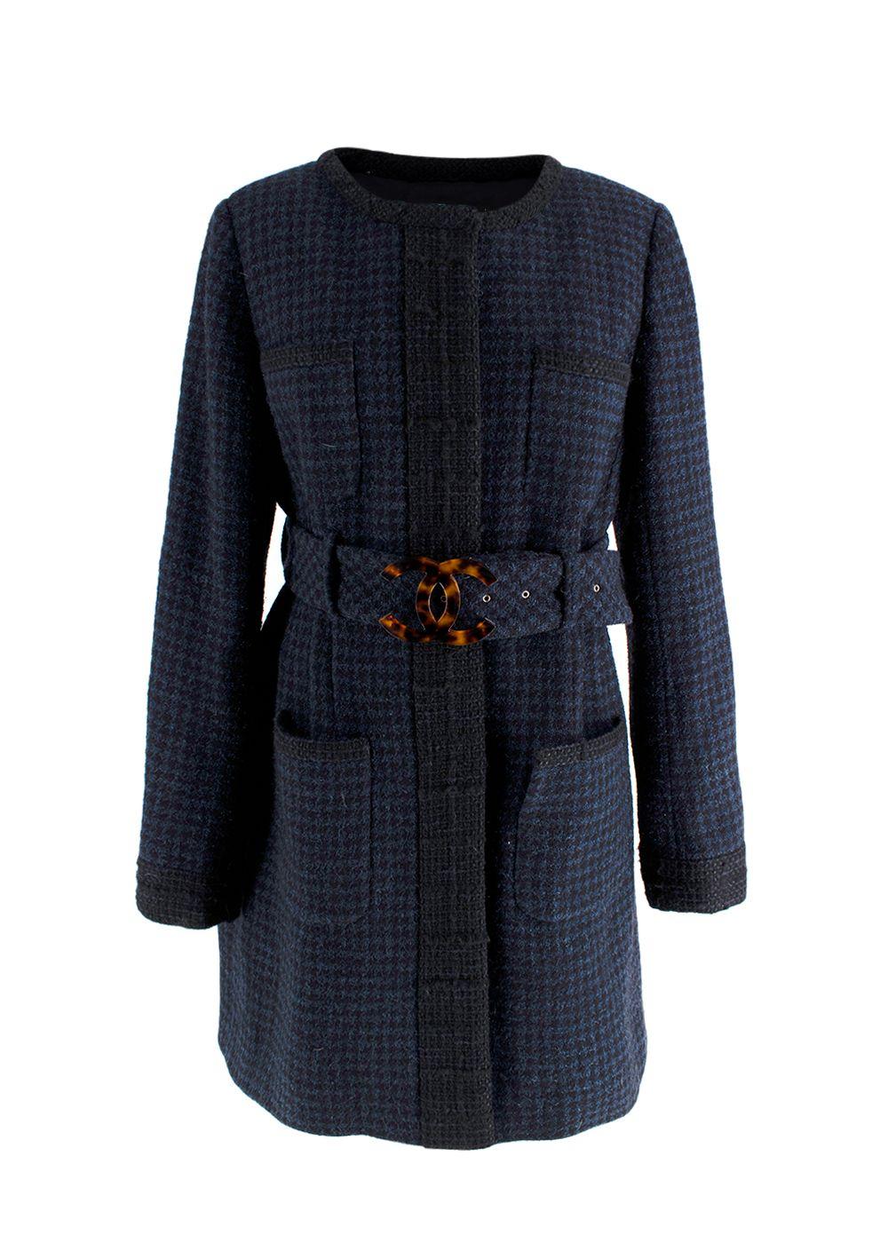 Chanel Navy Houndstooth Belted Wool Jacket