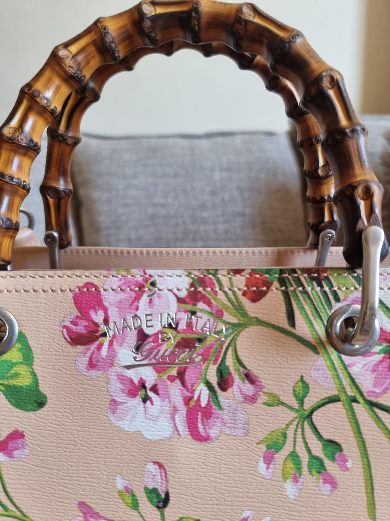 Pink Blooms printed leather Bamboo Shopper bag