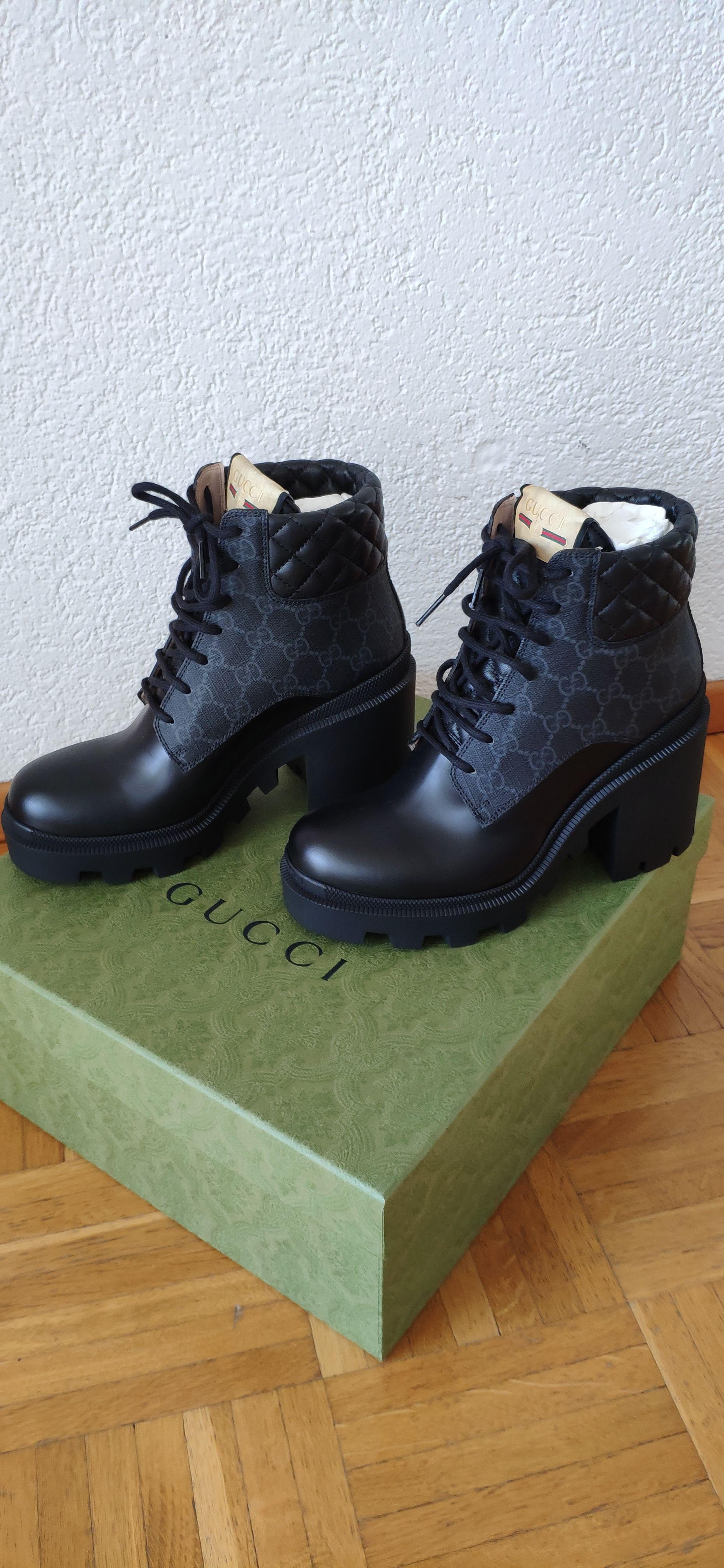 Gucci Black Monogram Leather and Canvas Biker Boots