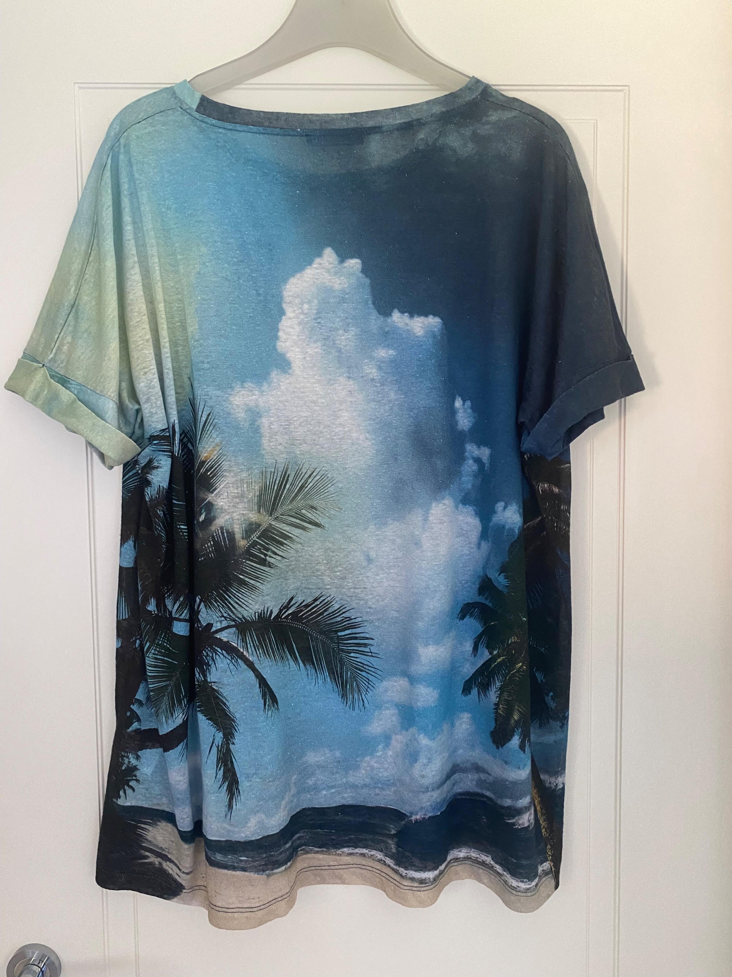 Blue digital print linen T-shirt