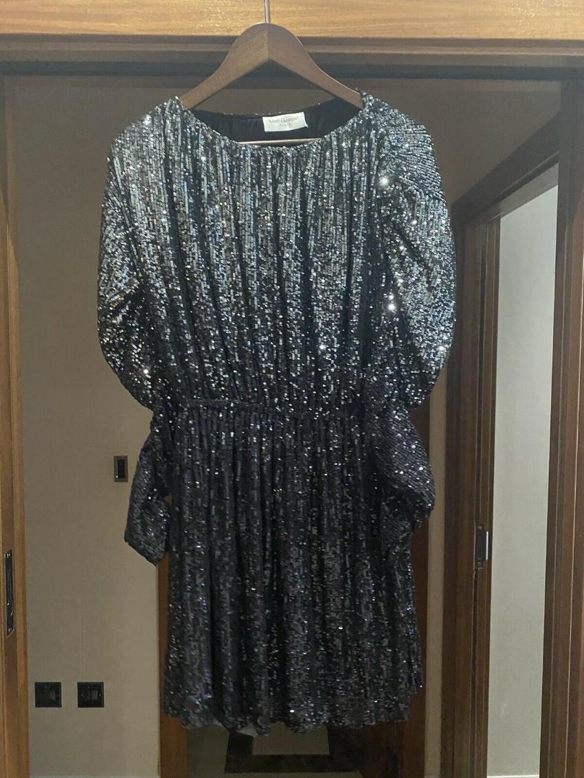 Saint Laurent Black Sequin Long Sleeve Mini Dress