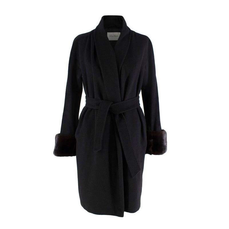 MaxMara Black Camel Hair Wrap Coat with Fur Cuffs