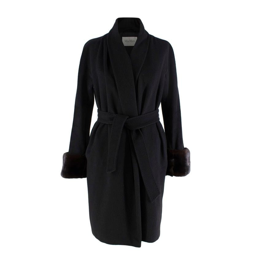 MaxMara Black Camel Hair Wrap Coat with Fur Cuffs