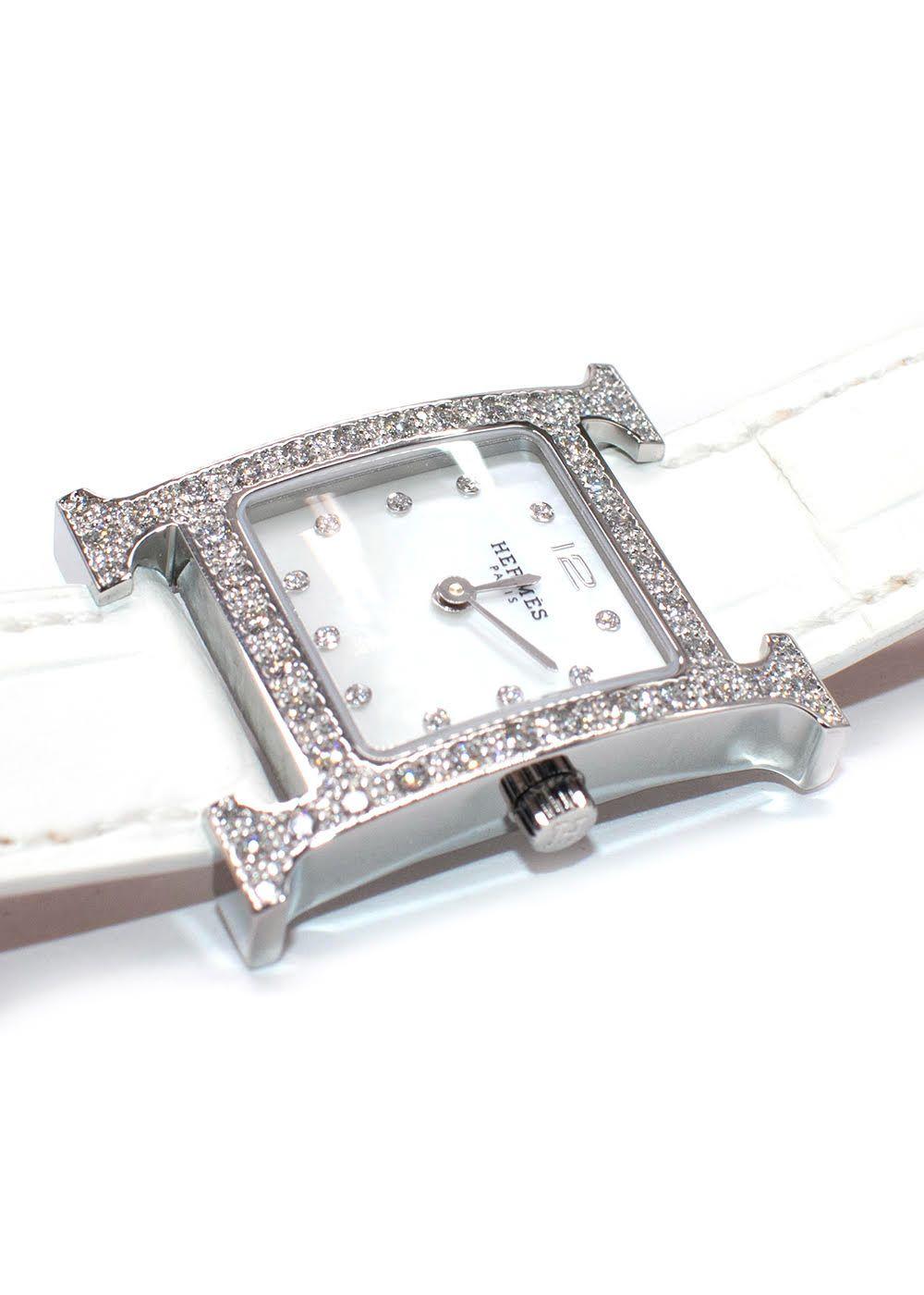 Hermès White Heure H Watch in Matte Chantilly Alligator with Diamonds