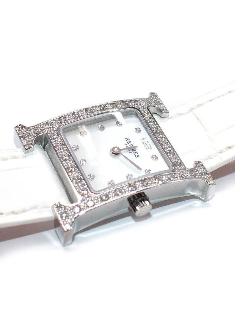 Hermès White Heure H Watch in Matte Chantilly Alligator with Diamonds