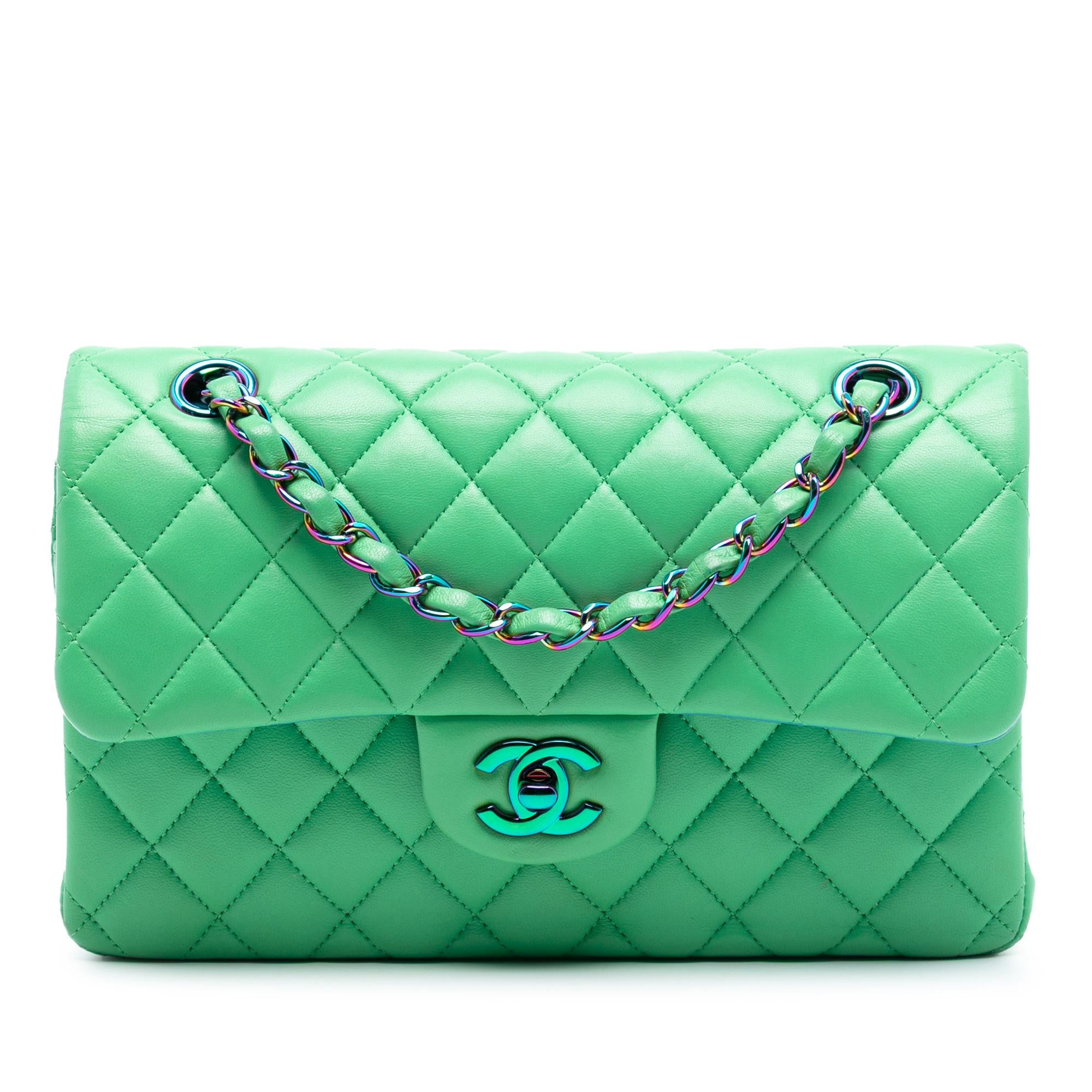 Chanel Green Small Classic Lambskin Rainbow Hardware Double Flap