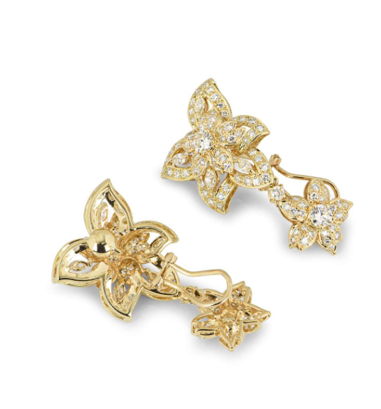 Bespoke Yellow Gold Diamond Flower Drop Earrings