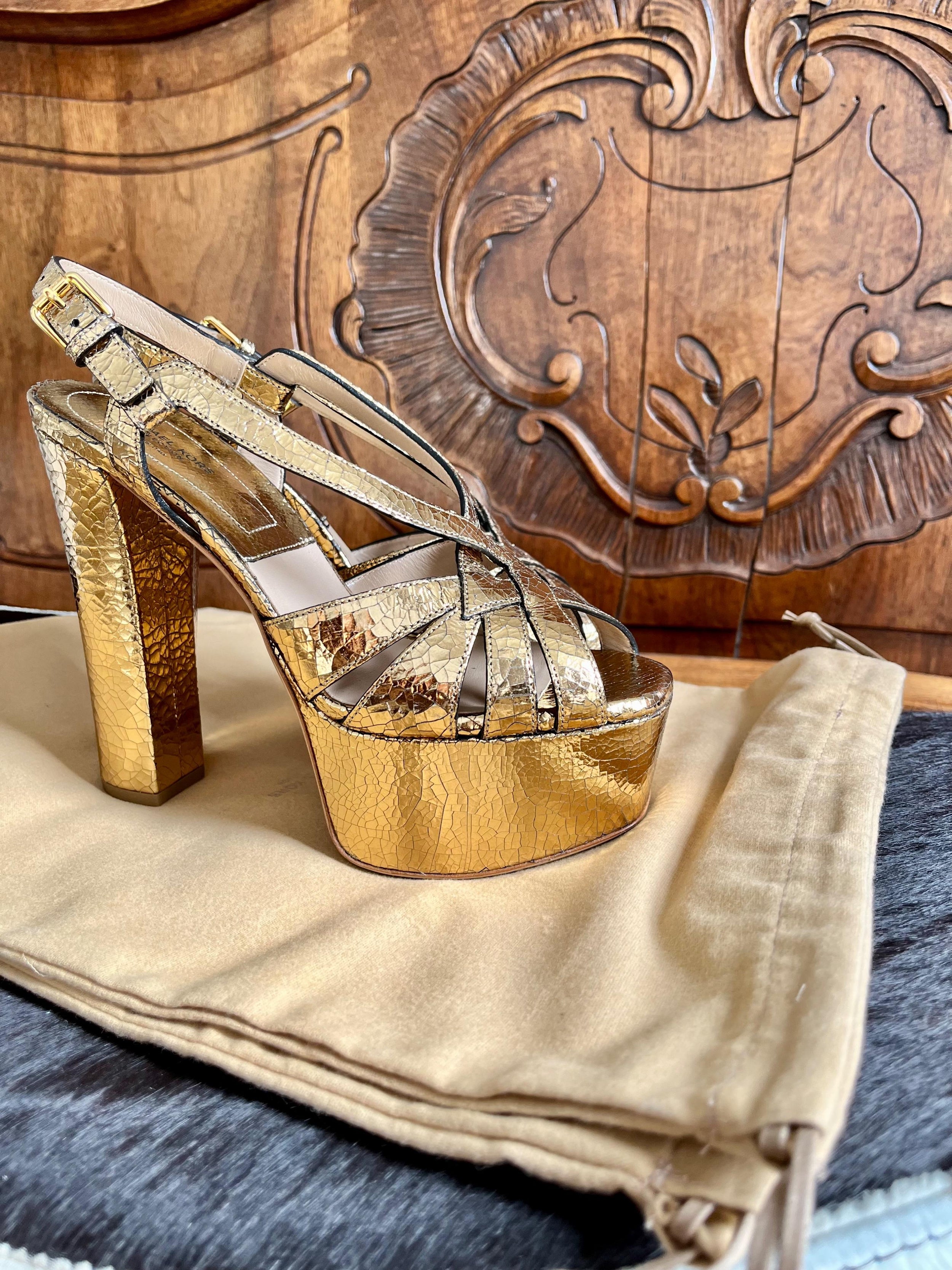 Gold cracleque leather Candace platform heeled sandals