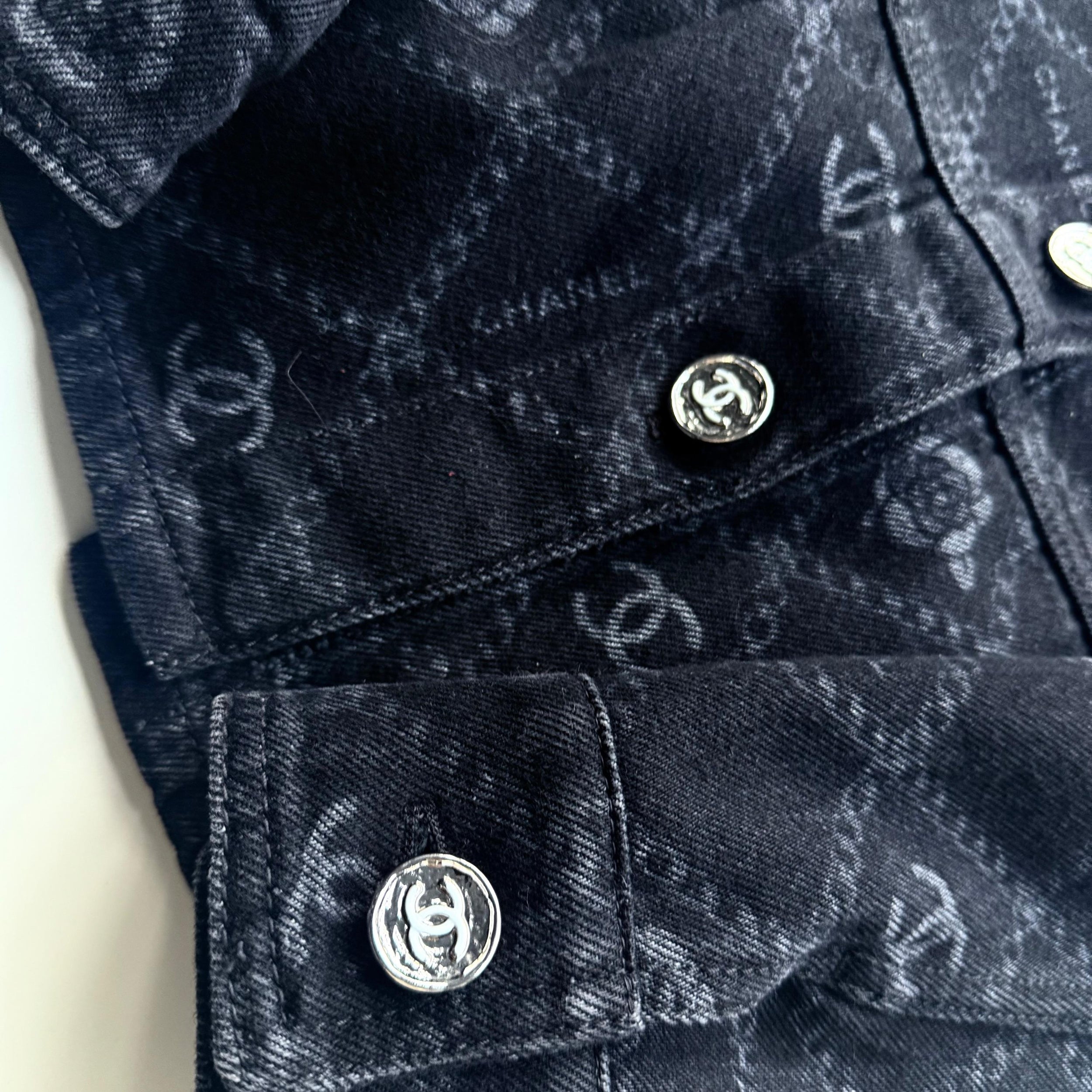 Chanel Black Camelia Denim Button Front Jacket