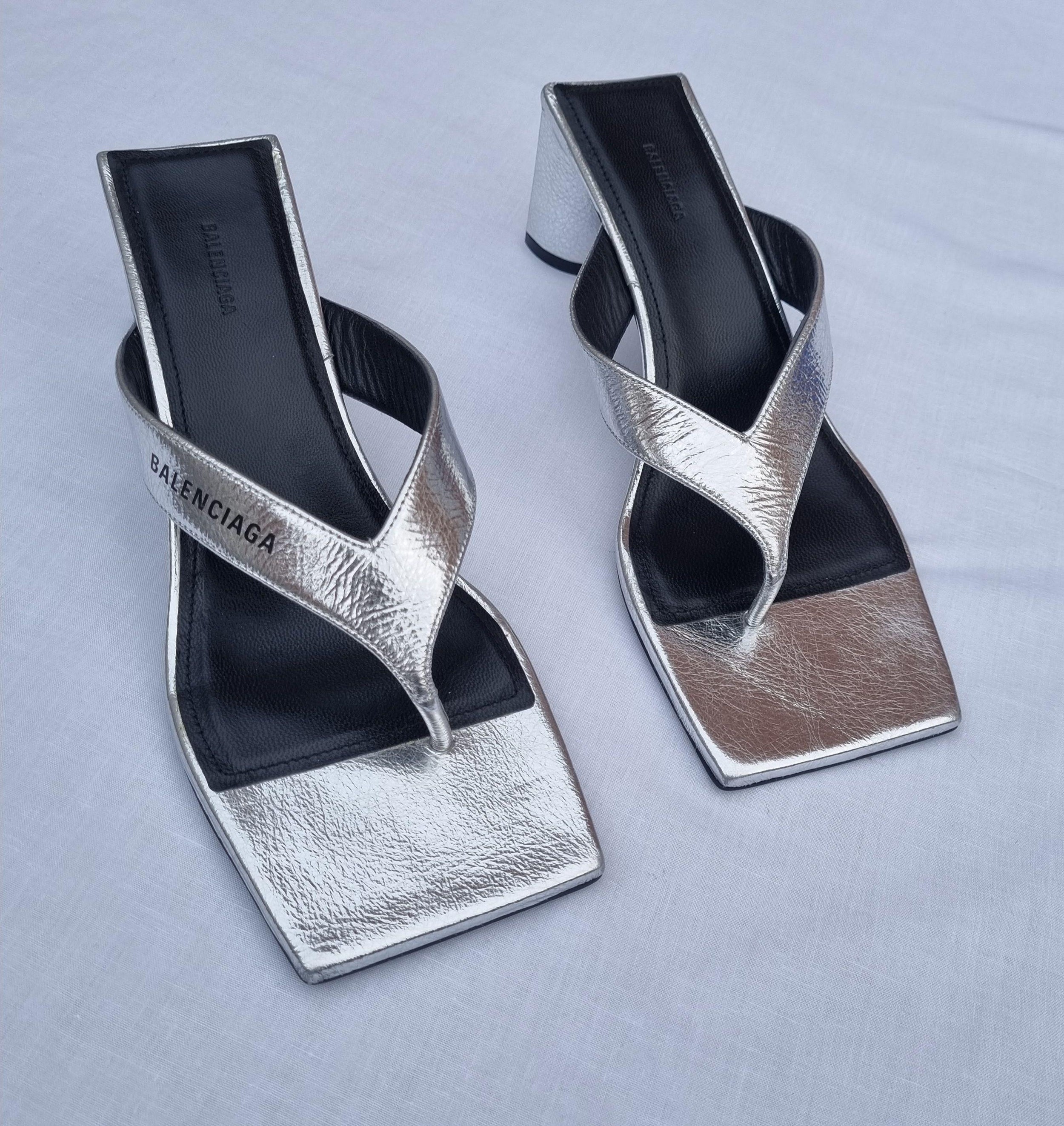 Metallic Silver Leather Square Toe Thong Heeled Sandals