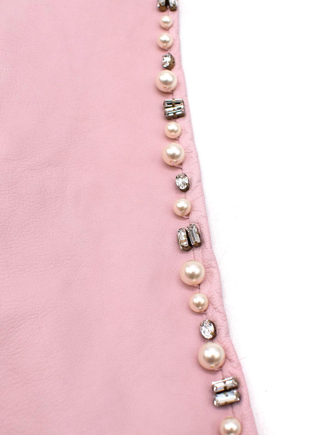 Pearl and Crystal Embellished Pink Leather Gloves