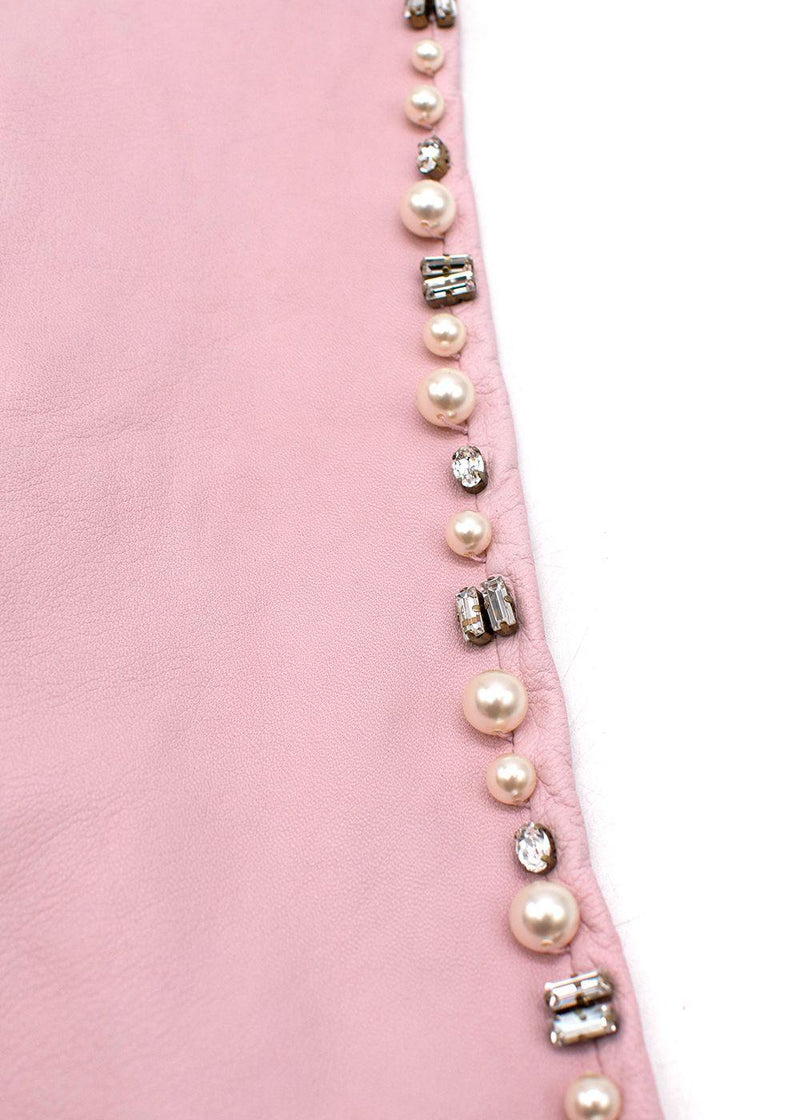 Pearl and Crystal Embellished Pink Leather Gloves