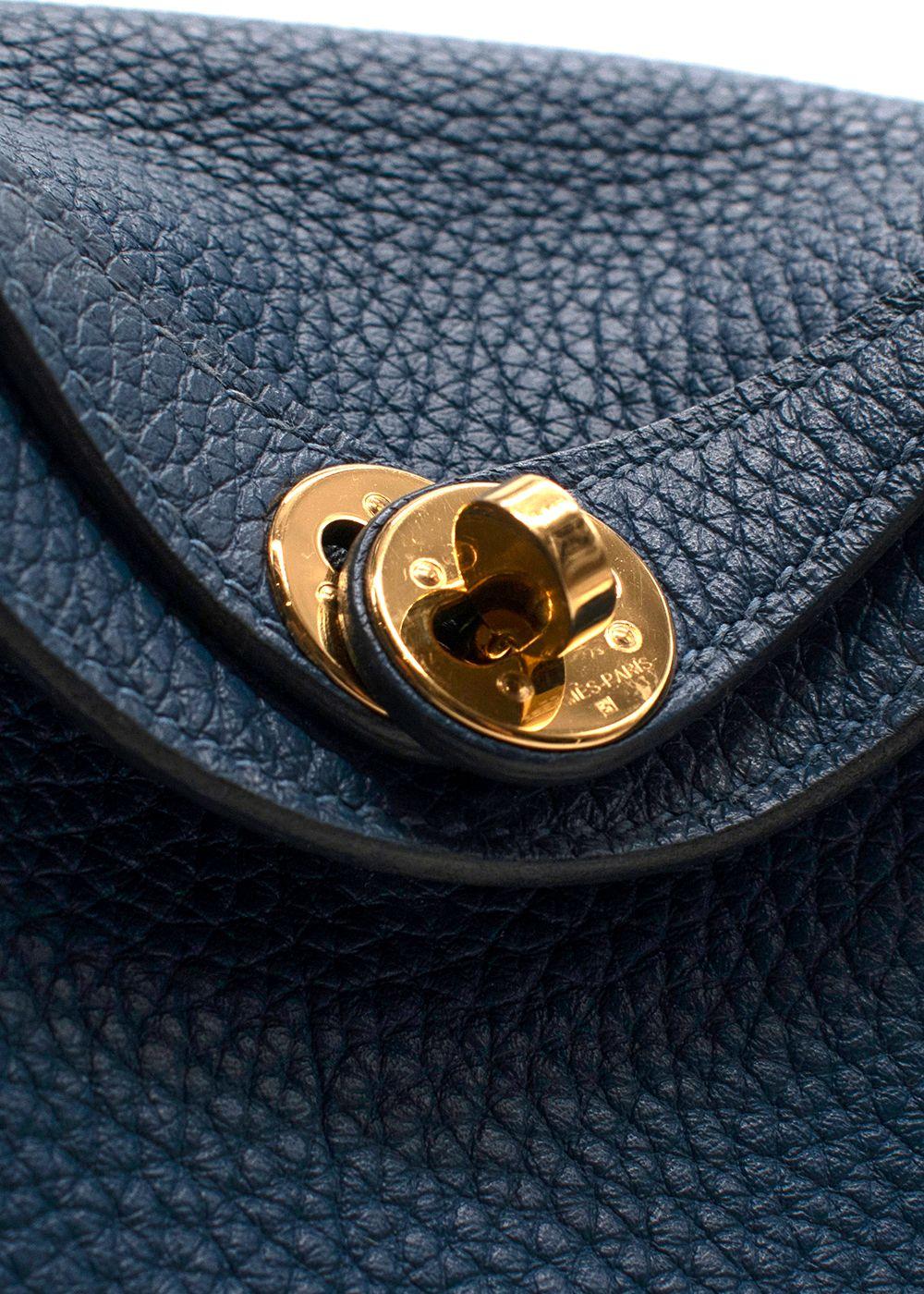 Hermes Taurillon Clemence Mini Lindy in Deep Bleu with Gold Hardware