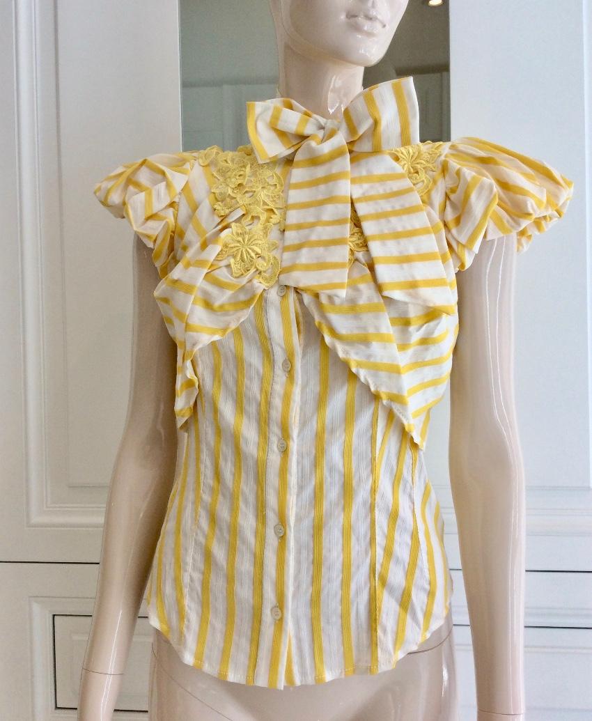 Gaetano Navarra Yellow and White Stripe Pussy Bow Blouse