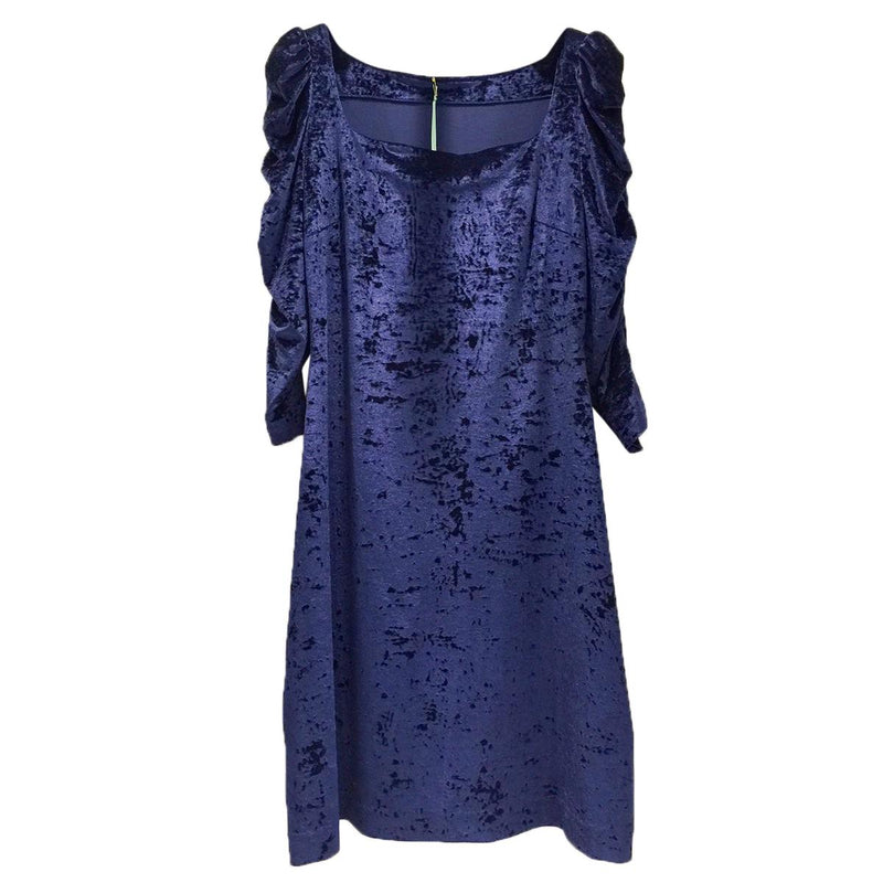 French Couture Navy Blue Panne Velvet Square Neck Dress