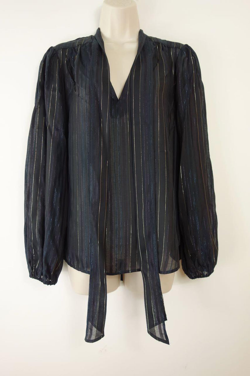 Black Lurex Pussy Bow Blouse