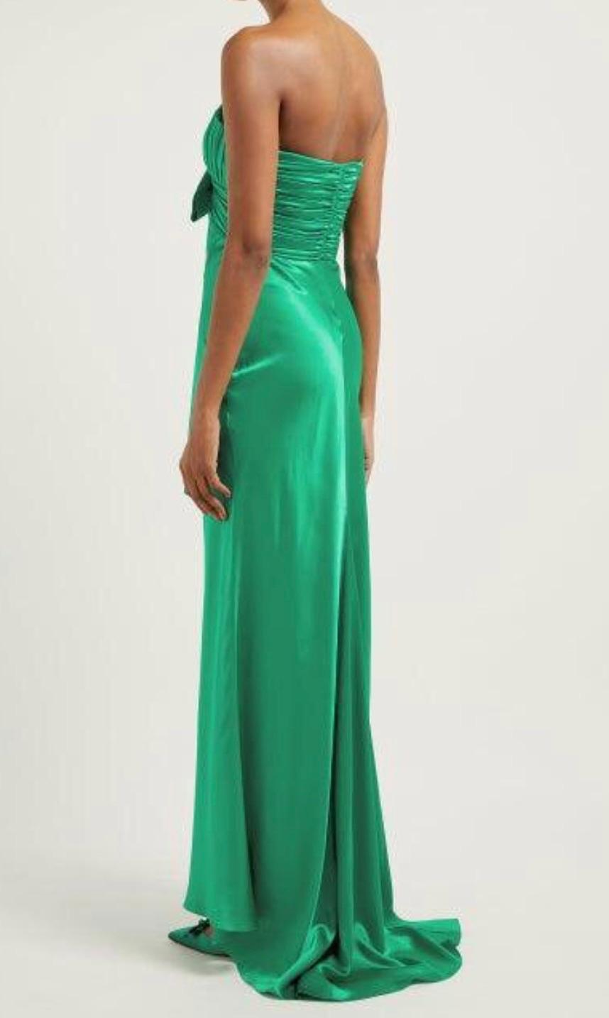 Alessandra Rich Green Ruched Strapless Silk Charmeuse Gown