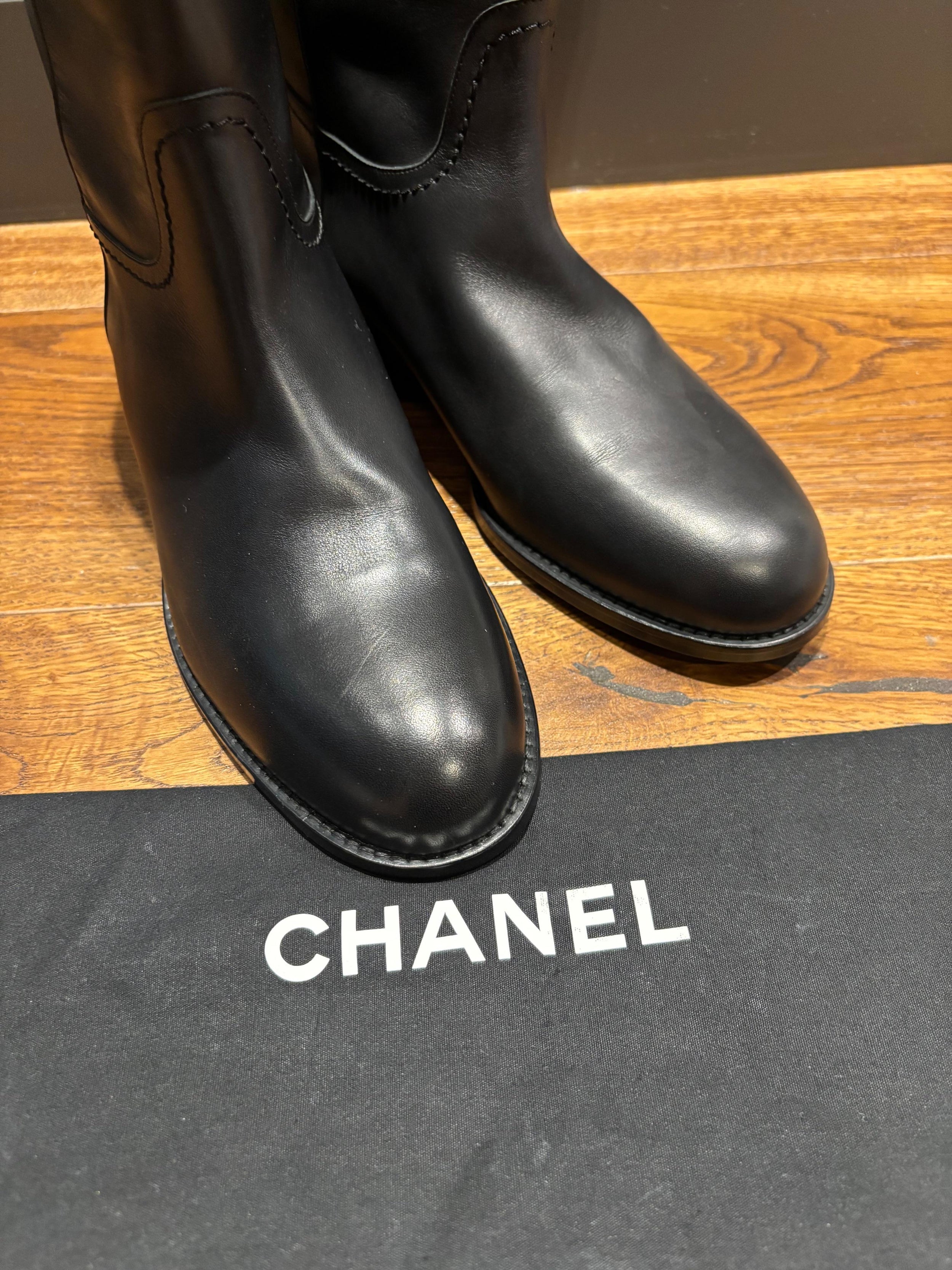 Chanel Black Leather CC Boots