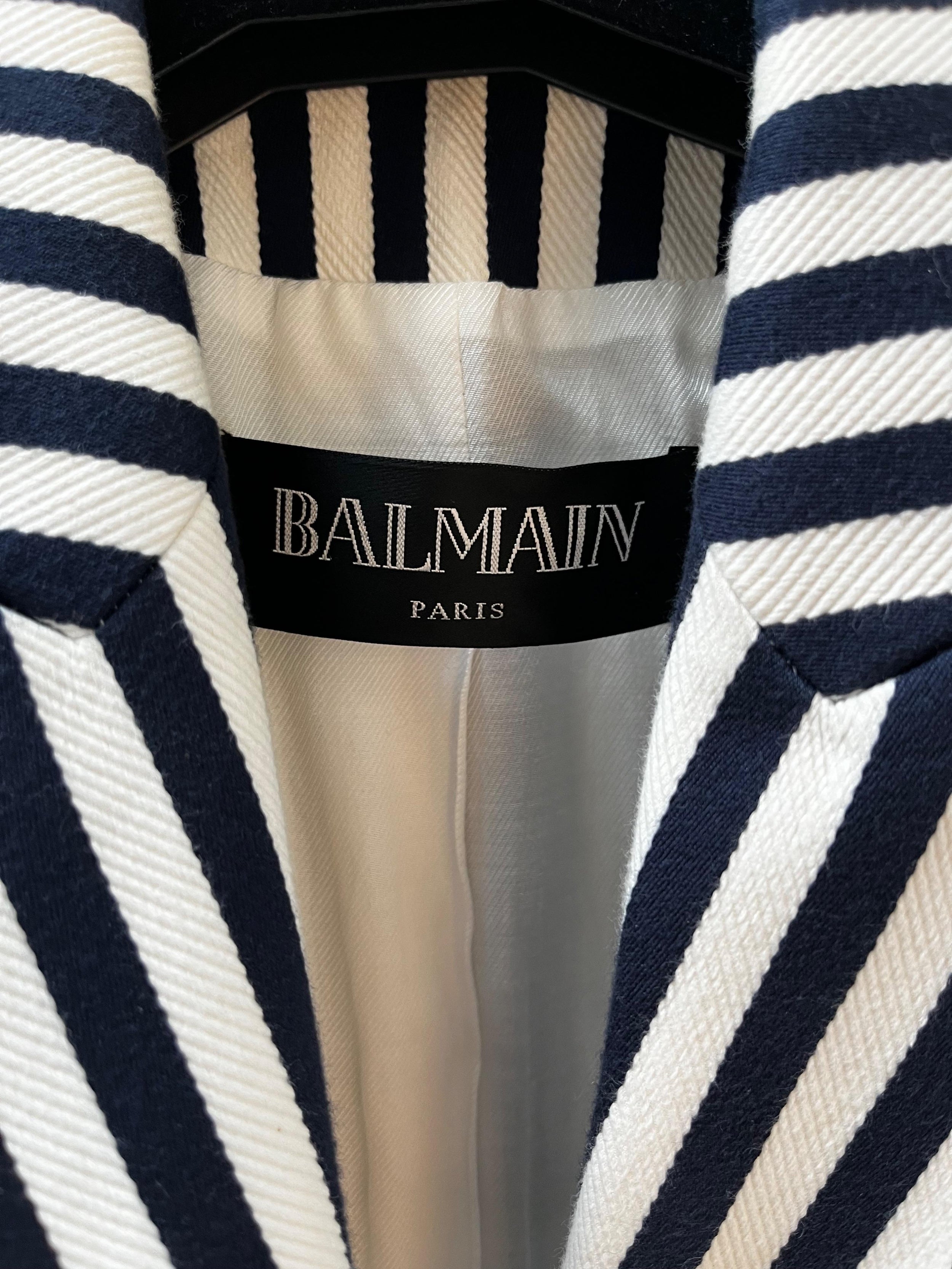 Balmain Navy and White Striped Double Breasted Blazer