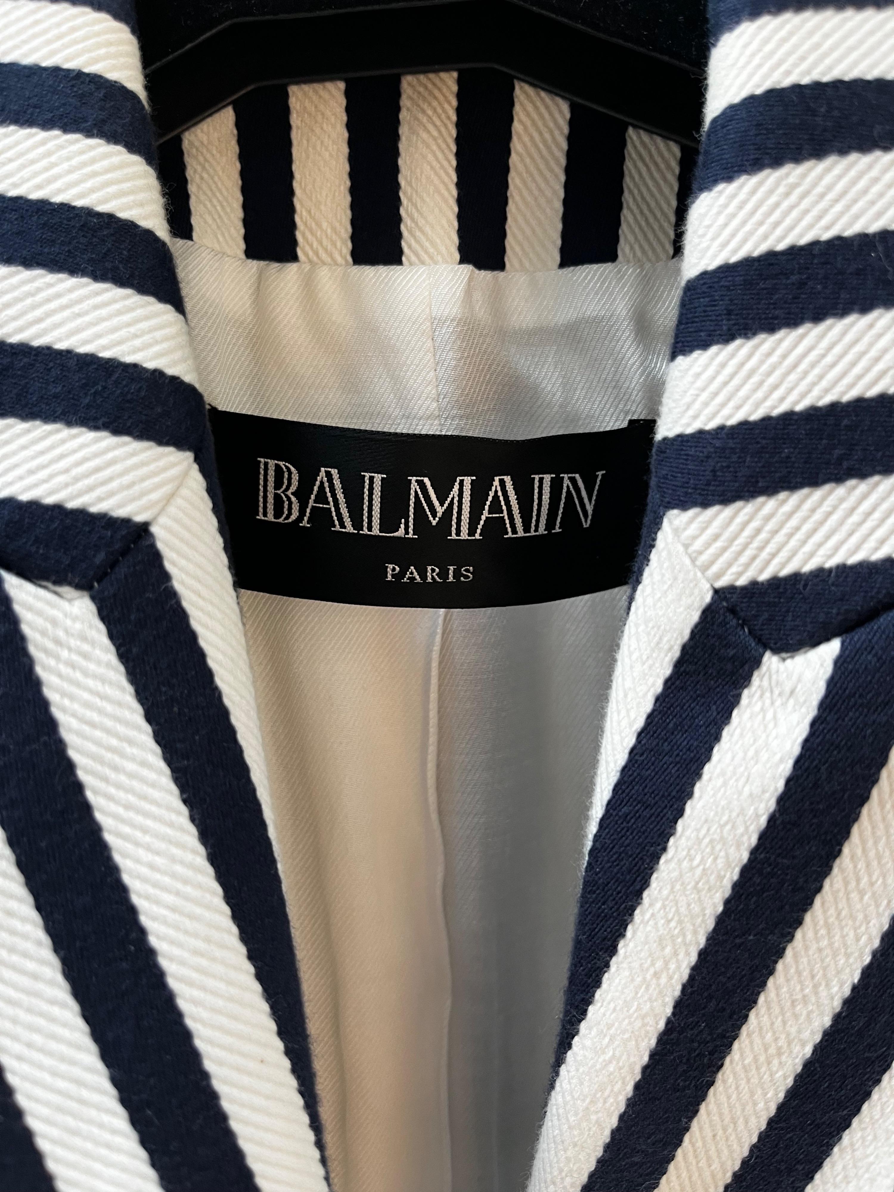 Balmain Navy and White Striped Double Breasted Blazer
