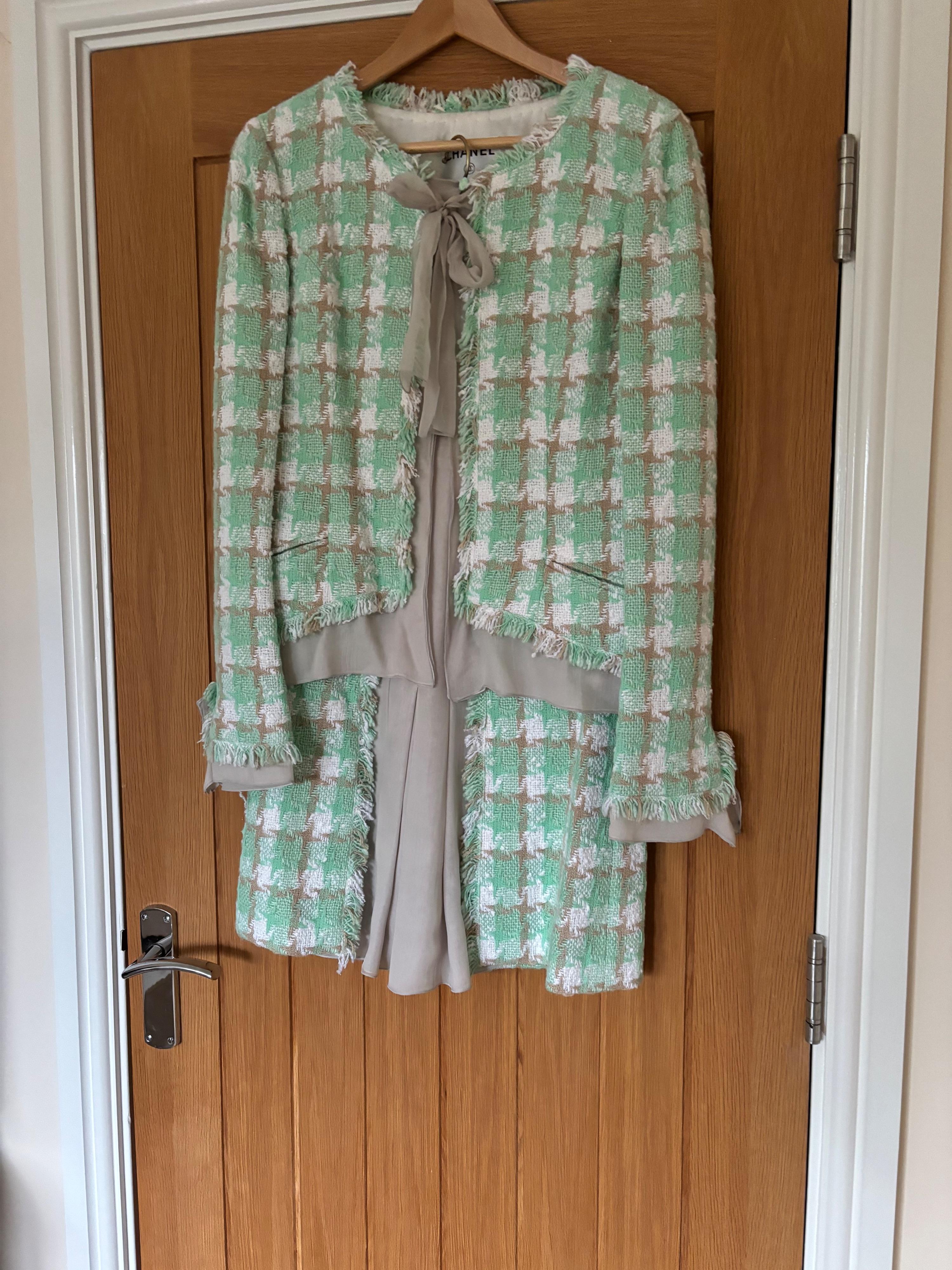 Chanel Green Check Tweed Jacket and Skirt Suit