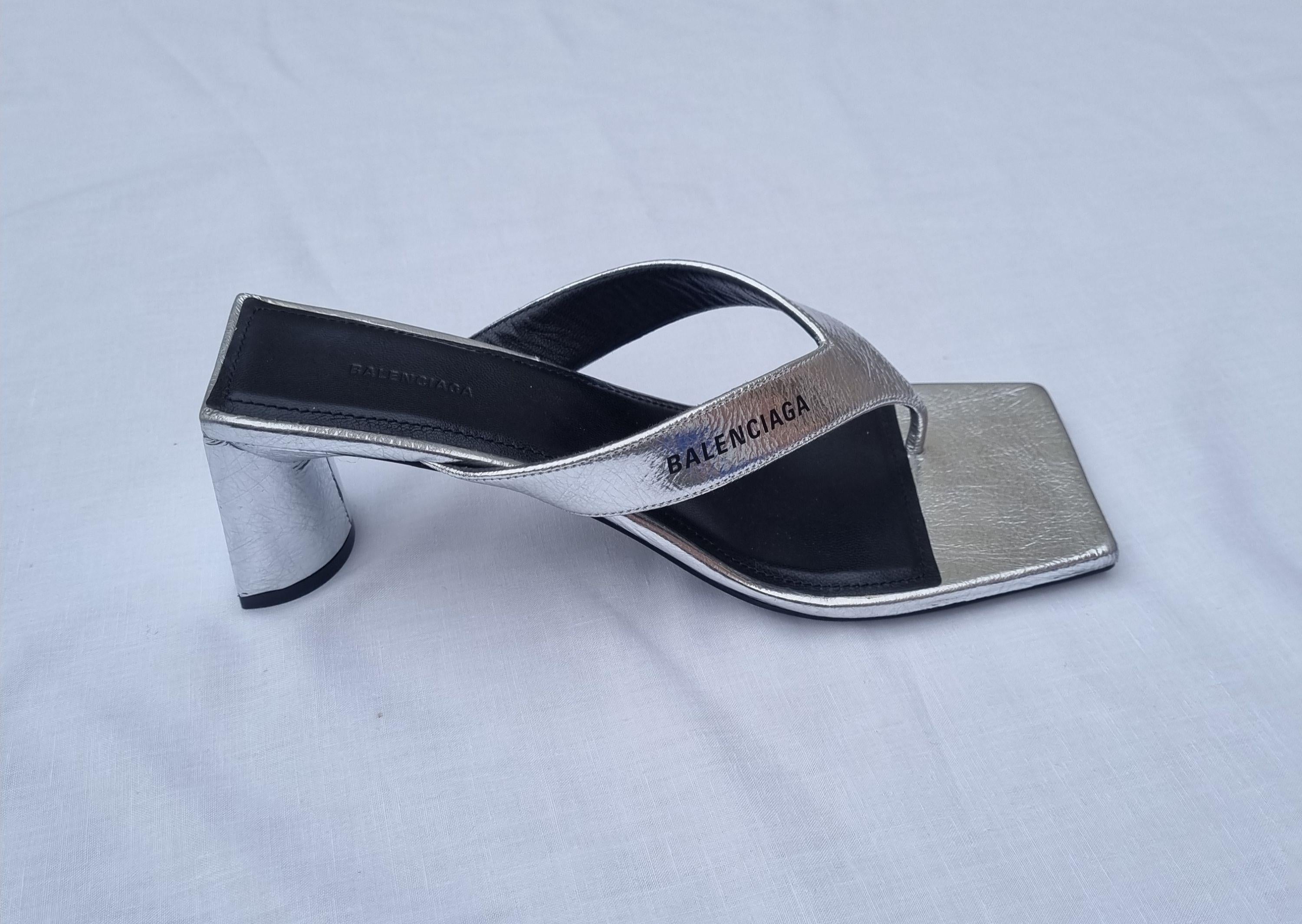 Metallic Silver Leather Square Toe Thong Heeled Sandals