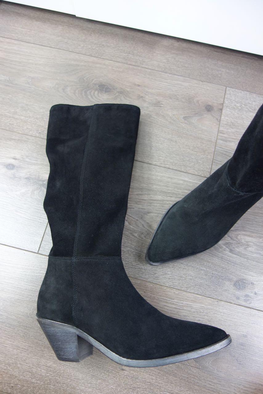 black suede long western heeled boots
