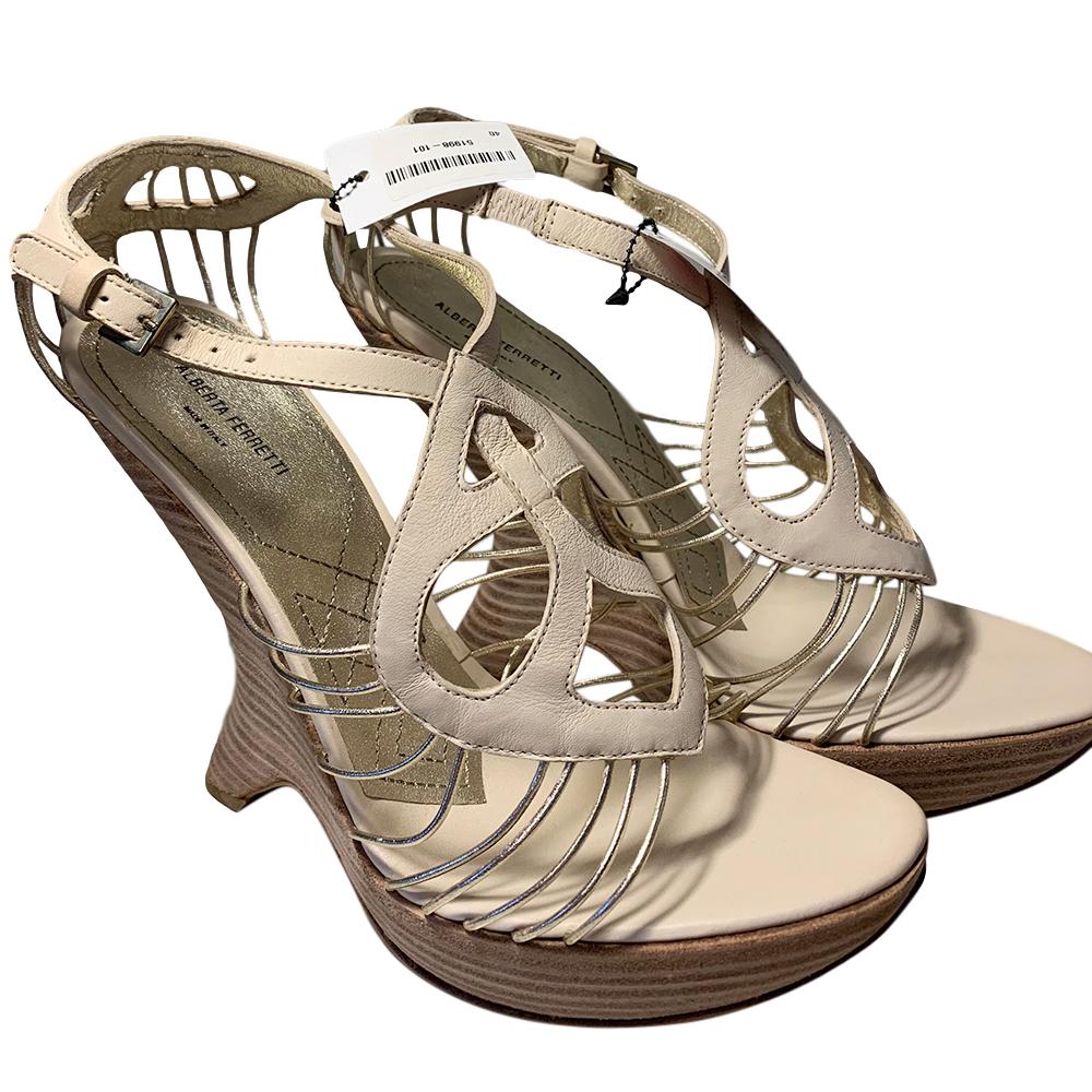 Alberta Ferretti Ivory Corded Leather Curved Wedge Sandals