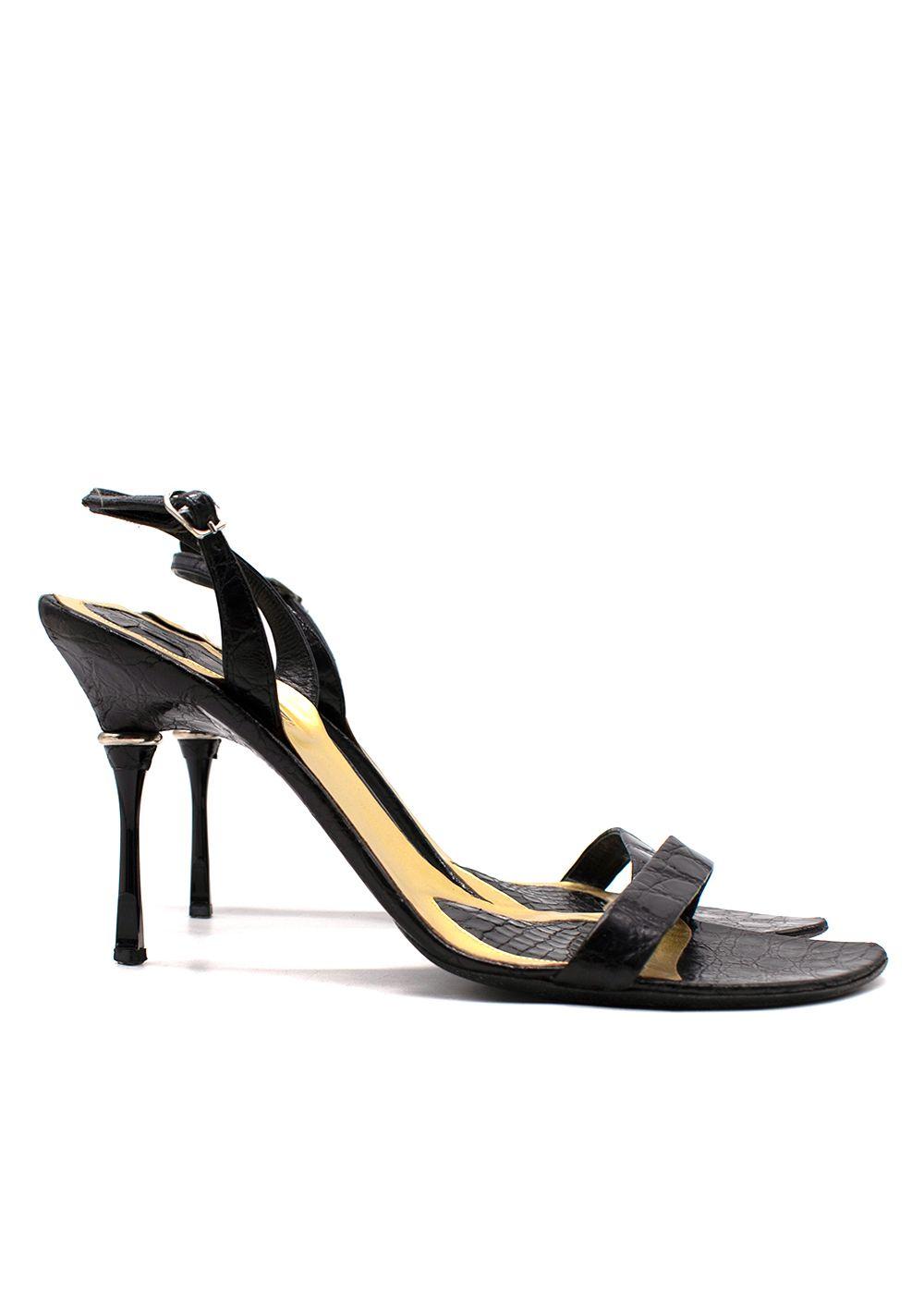 Bottega Veneta Black Croc Embossed Ankle Strap Sandals