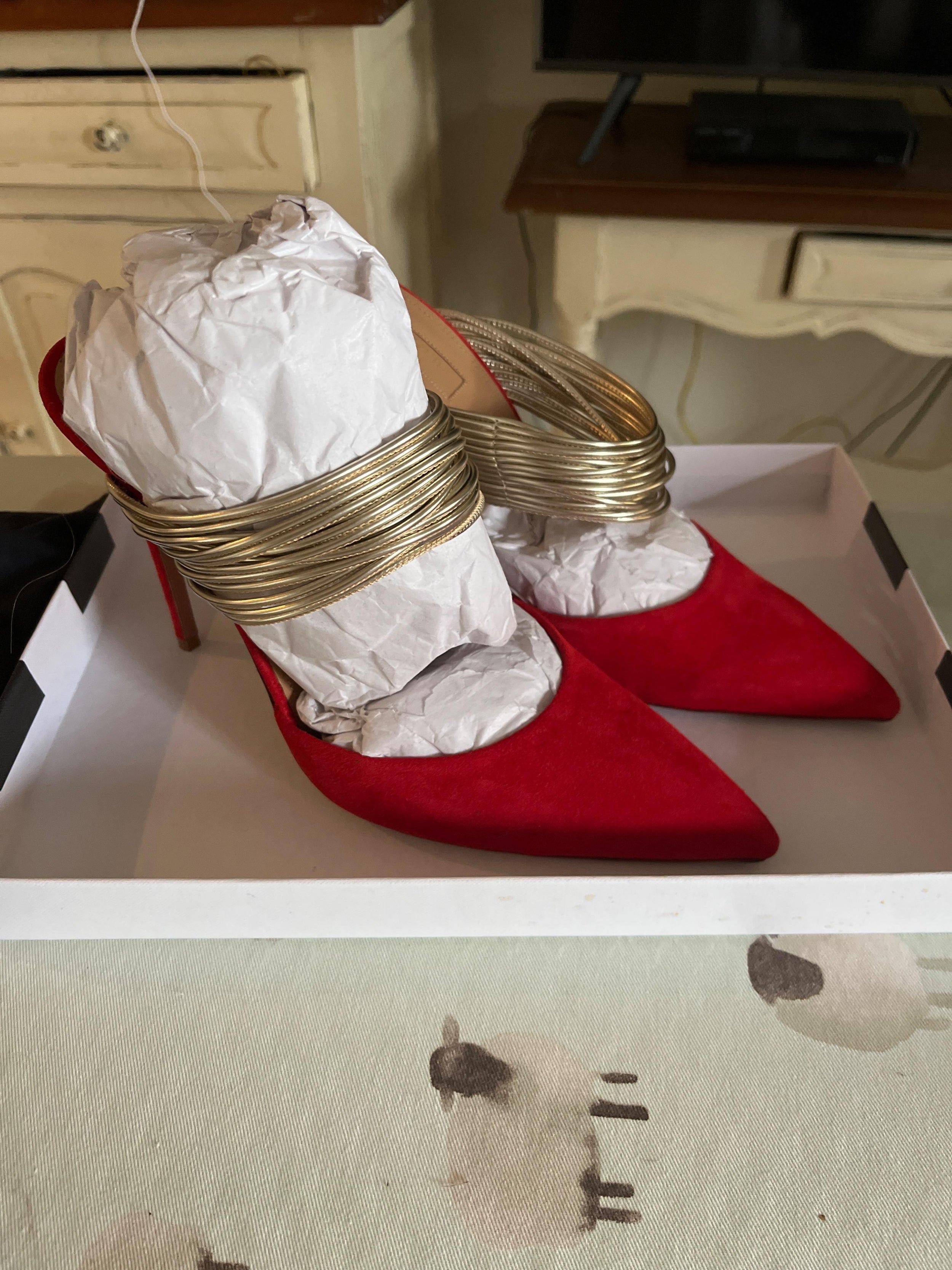 Aquazurra Red and Gold Suede Heels