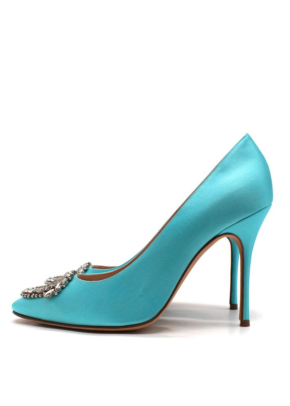 Manolo Blahnik Okkava 105 Turquoise Satin Heels
