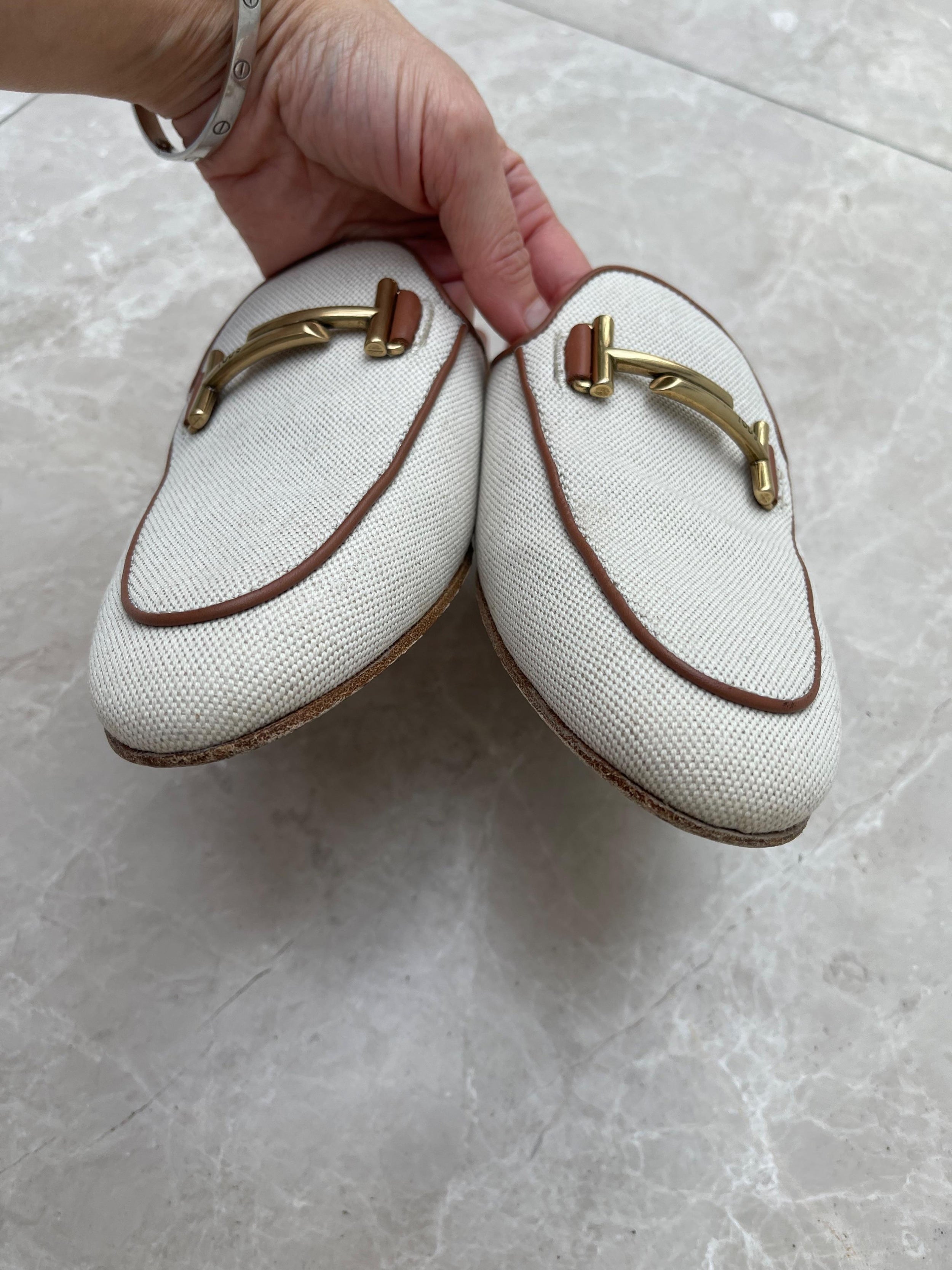 Ivory Canvas & Tan Leather Backless Loafers