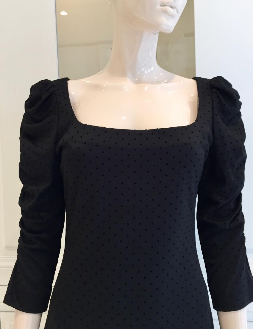 French Couture Black Jersey & Velvet Dot Square Neck Dress