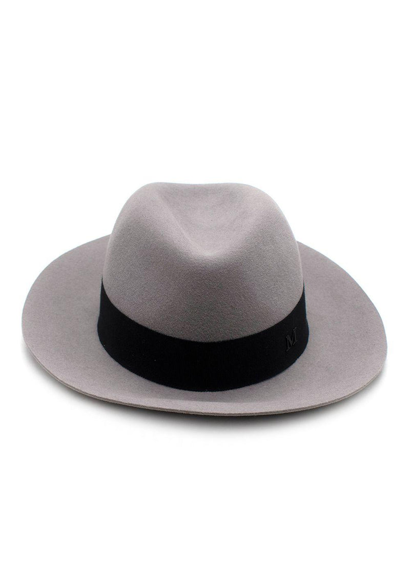Maison Michel Paris Grey Fedora Hat With Black Ribbon Detail