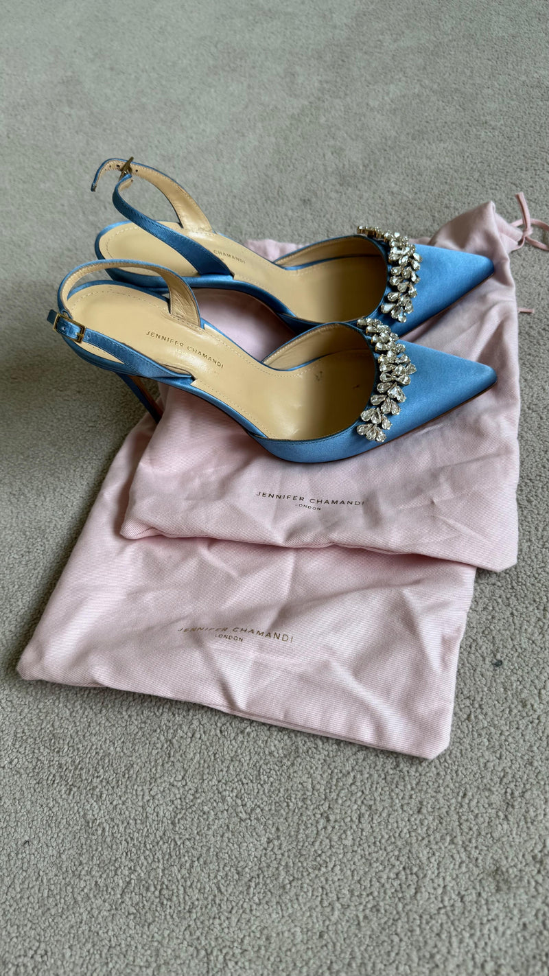 Jennifer Chamandi Embellished Light Blue Satin Slingback Sandals