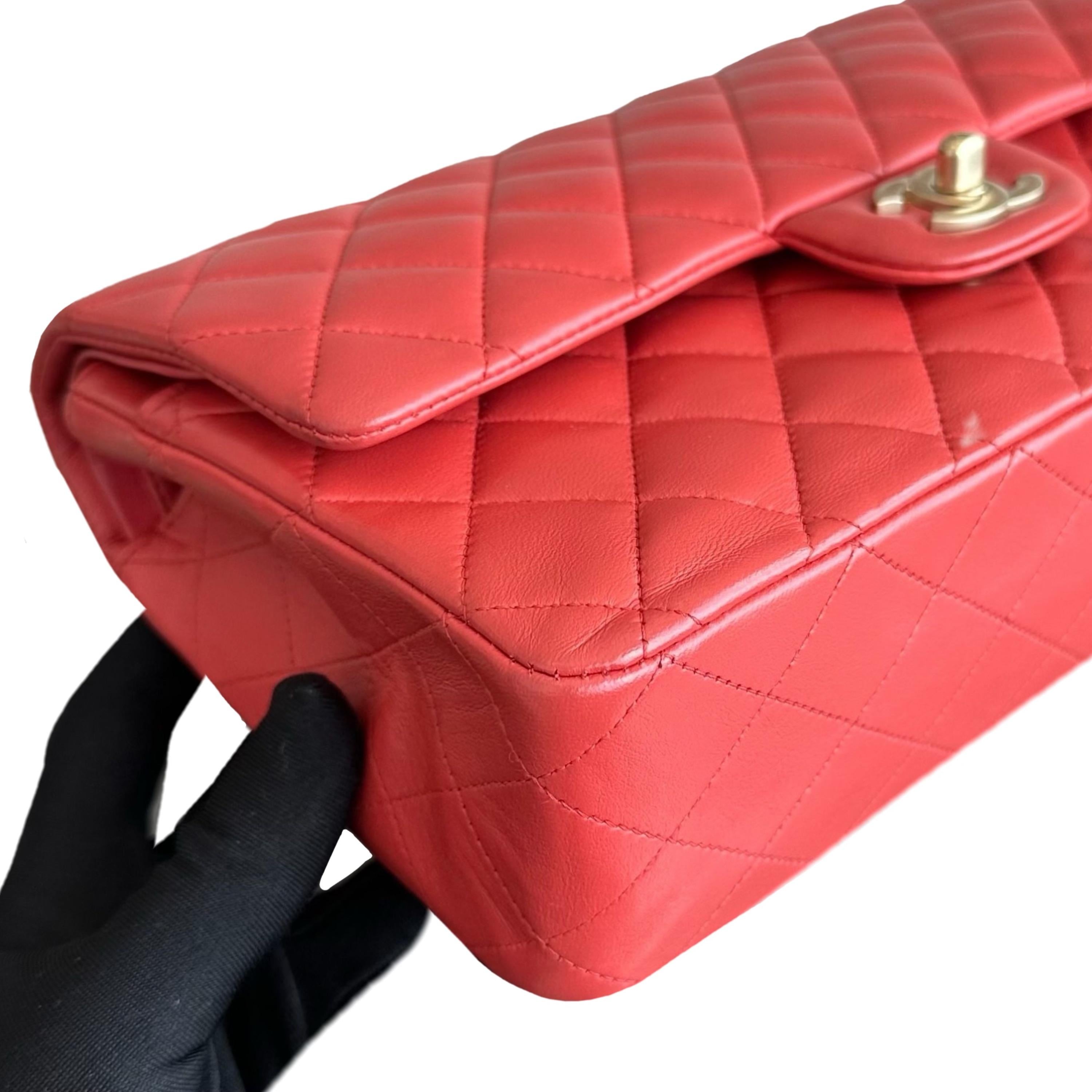 Chanel Red Lambskin Medium Double Flap Bag with Brushed Gold Hardware